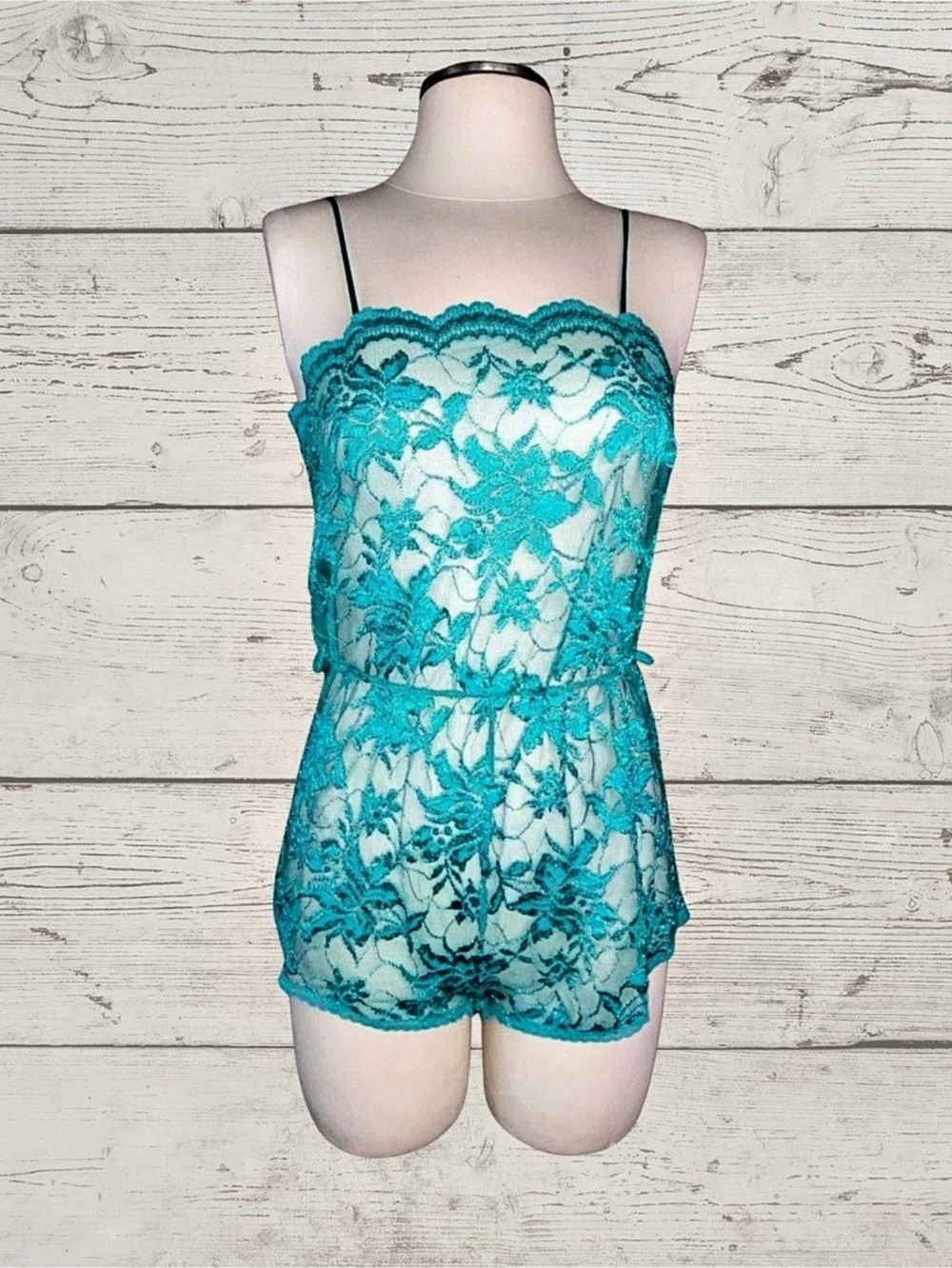 Vintage 80s Samye Sheer Lace Teddy Romper XS/S Teal Scalloped Lingerie